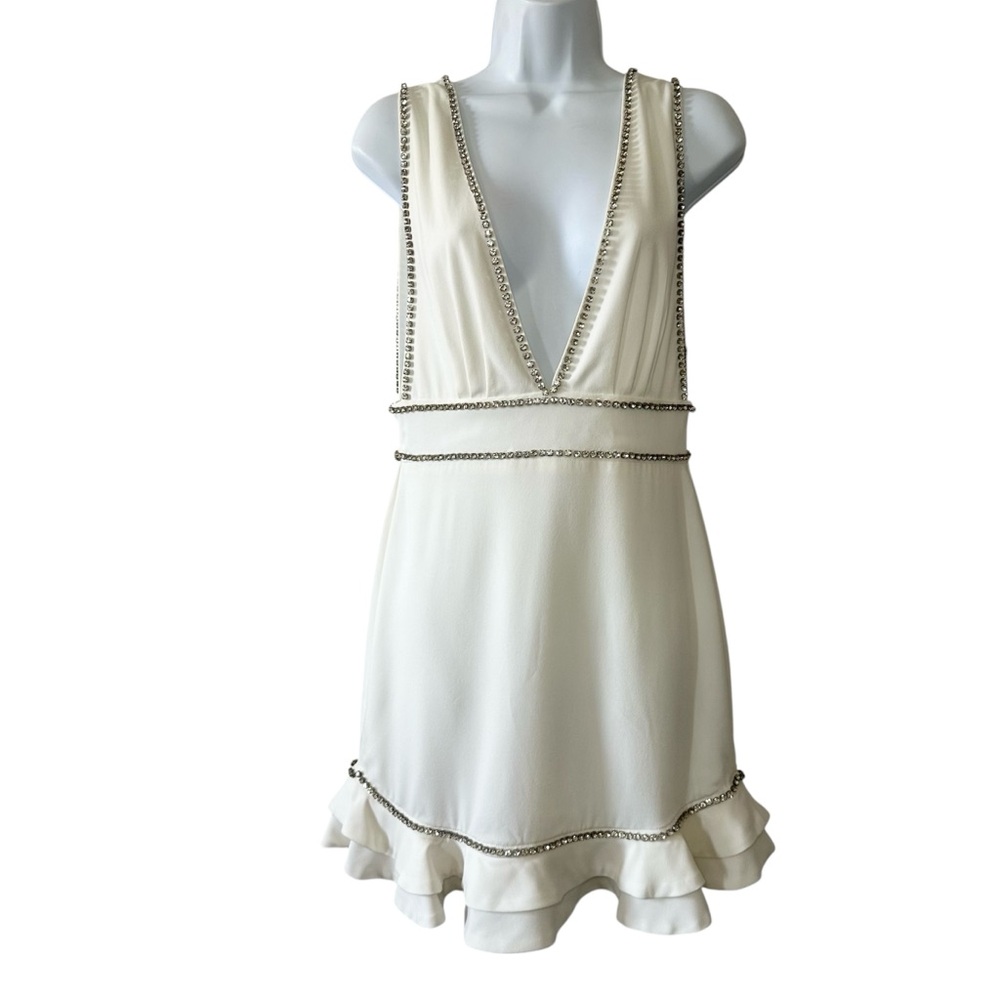 NBD Women’s Embellished White Tavi Dress with Silver Rhinestone Trim- Medium